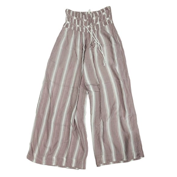 Free People XS Blush Pink All Weekend Long Striped Linen Flowy Wide Leg Pull On - Picture 1 of 5